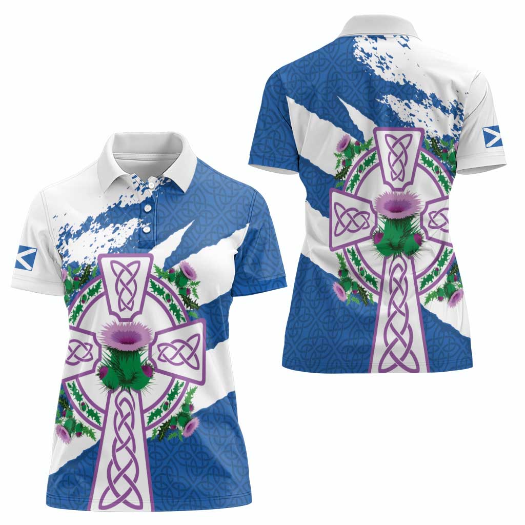 Scotland Celtic Cross Women Polo Shirt Thistle Flowers - Wonder Print Shop