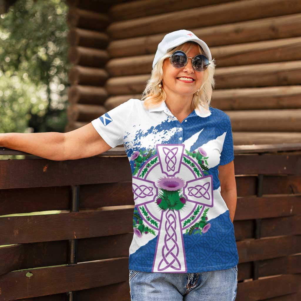 Scotland Celtic Cross Women Polo Shirt Thistle Flowers - Wonder Print Shop