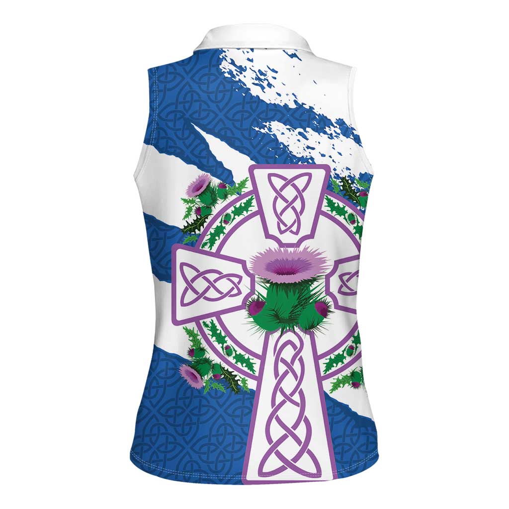 Scotland Celtic Cross Women Sleeveless Polo Shirt Thistle Flowers - Wonder Print Shop