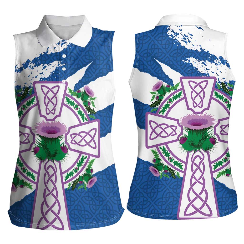 Scotland Celtic Cross Women Sleeveless Polo Shirt Thistle Flowers - Wonder Print Shop