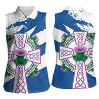 Scotland Celtic Cross Women Sleeveless Polo Shirt Thistle Flowers - Wonder Print Shop