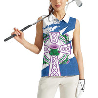 Scotland Celtic Cross Women Sleeveless Polo Shirt Thistle Flowers - Wonder Print Shop