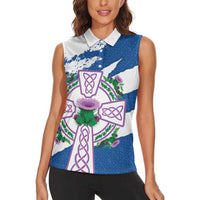 Scotland Celtic Cross Women Sleeveless Polo Shirt Thistle Flowers - Wonder Print Shop