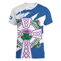 Scotland Celtic Cross Women V-Neck T-Shirt Thistle Flowers - Wonder Print Shop