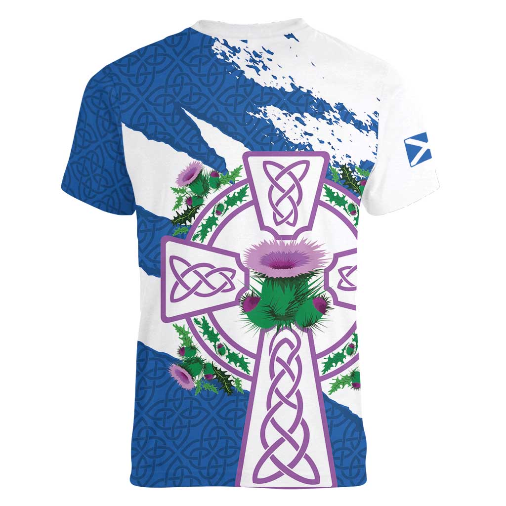 Scotland Celtic Cross Women V-Neck T-Shirt Thistle Flowers - Wonder Print Shop