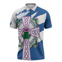 Scotland Celtic Cross Zipper Polo Shirt Thistle Flowers - Wonder Print Shop