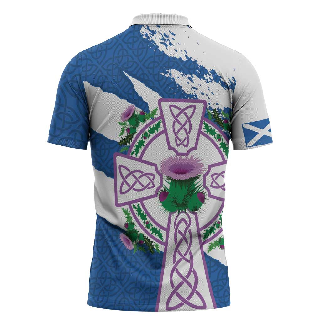 Scotland Celtic Cross Zipper Polo Shirt Thistle Flowers - Wonder Print Shop