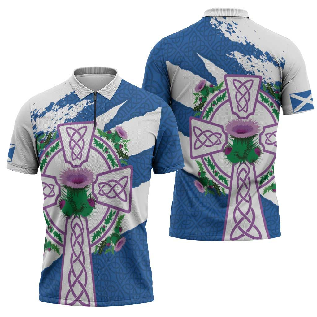 Scotland Celtic Cross Zipper Polo Shirt Thistle Flowers - Wonder Print Shop