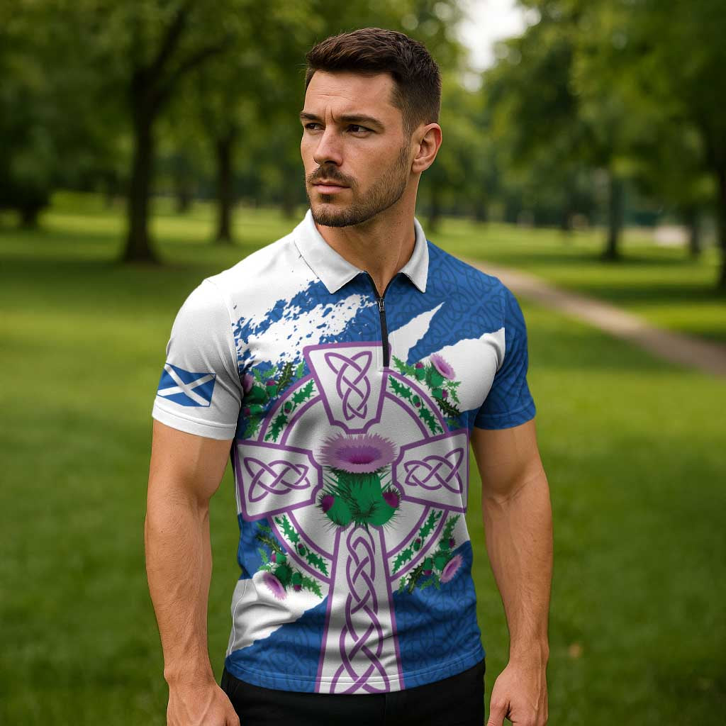 Scotland Celtic Cross Zipper Polo Shirt Thistle Flowers - Wonder Print Shop