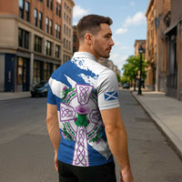 Scotland Celtic Cross Zipper Polo Shirt Thistle Flowers - Wonder Print Shop