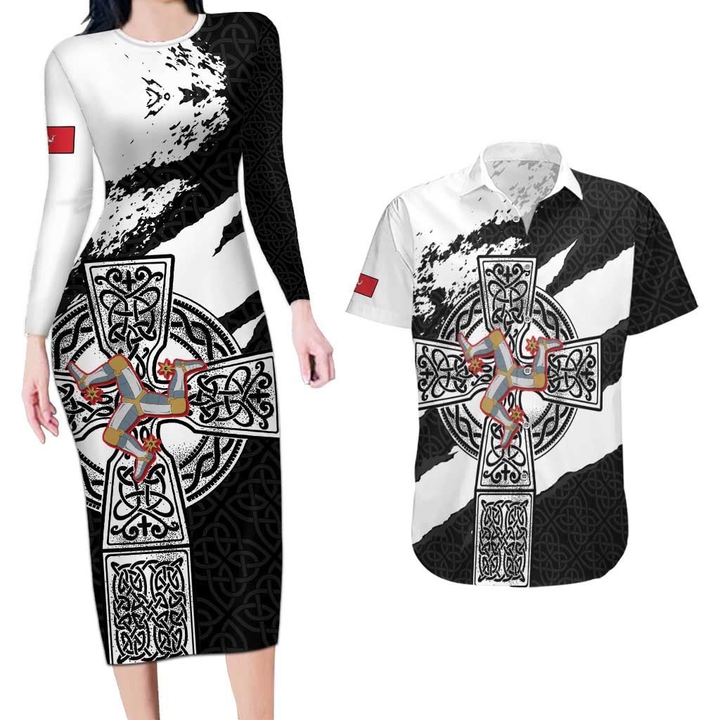 Isle of Man Celtic Cross Couples Matching Long Sleeve Bodycon Dress and Hawaiian Shirt Triskelion Emblem - Wonder Print Shop