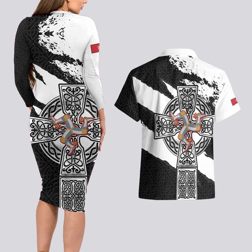 Isle of Man Celtic Cross Couples Matching Long Sleeve Bodycon Dress and Hawaiian Shirt Triskelion Emblem - Wonder Print Shop