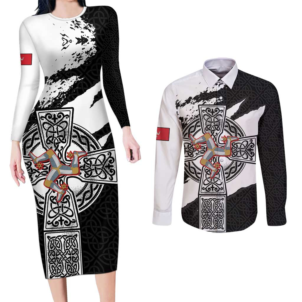 Isle of Man Celtic Cross Couples Matching Long Sleeve Bodycon Dress and Long Sleeve Button Shirt Triskelion Emblem - Wonder Print Shop