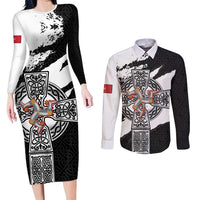 Isle of Man Celtic Cross Couples Matching Long Sleeve Bodycon Dress and Long Sleeve Button Shirt Triskelion Emblem - Wonder Print Shop
