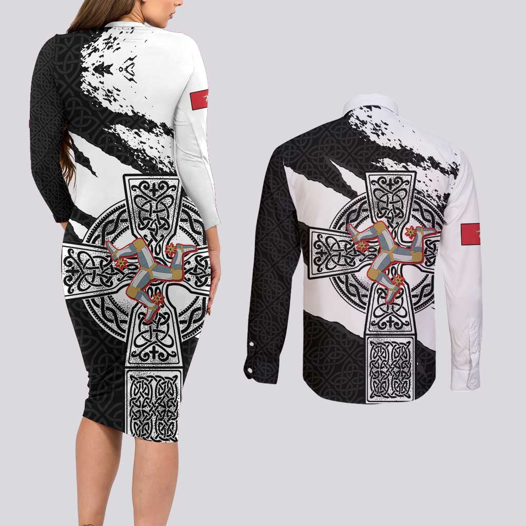 Isle of Man Celtic Cross Couples Matching Long Sleeve Bodycon Dress and Long Sleeve Button Shirt Triskelion Emblem - Wonder Print Shop