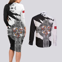 Isle of Man Celtic Cross Couples Matching Long Sleeve Bodycon Dress and Long Sleeve Button Shirt Triskelion Emblem - Wonder Print Shop