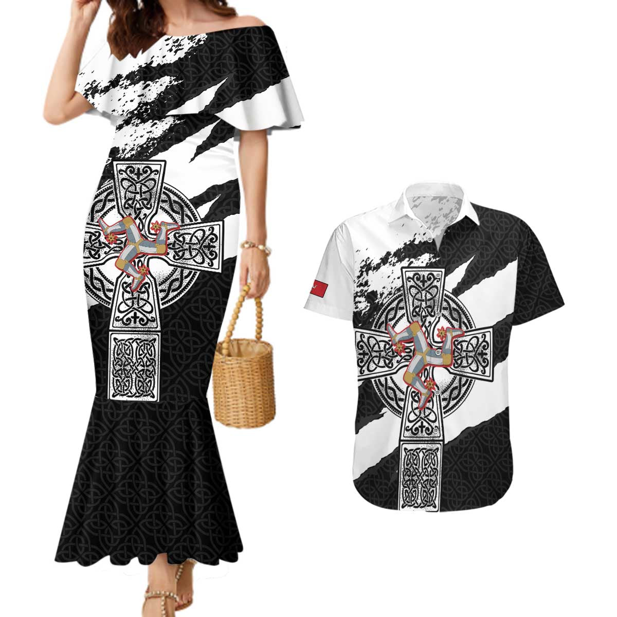 Isle of Man Celtic Cross Couples Matching Mermaid Dress and Hawaiian Shirt Triskelion Emblem - Wonder Print Shop