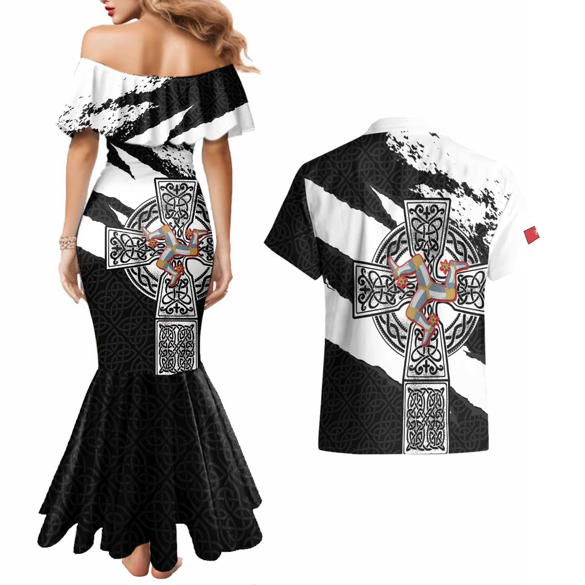Isle of Man Celtic Cross Couples Matching Mermaid Dress and Hawaiian Shirt Triskelion Emblem - Wonder Print Shop