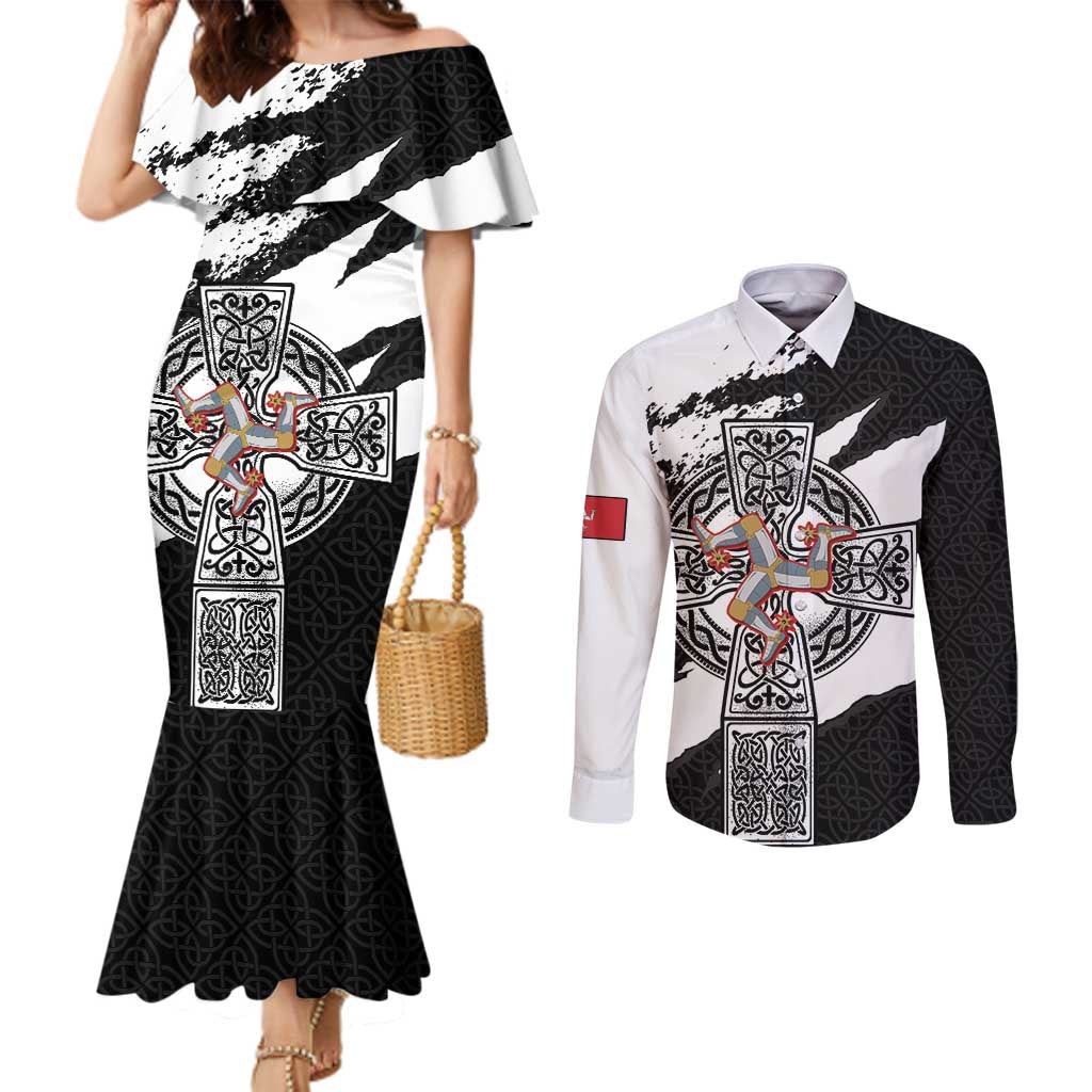 Isle of Man Celtic Cross Couples Matching Mermaid Dress and Long Sleeve Button Shirt Triskelion Emblem - Wonder Print Shop