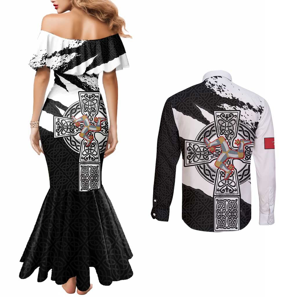 Isle of Man Celtic Cross Couples Matching Mermaid Dress and Long Sleeve Button Shirt Triskelion Emblem - Wonder Print Shop