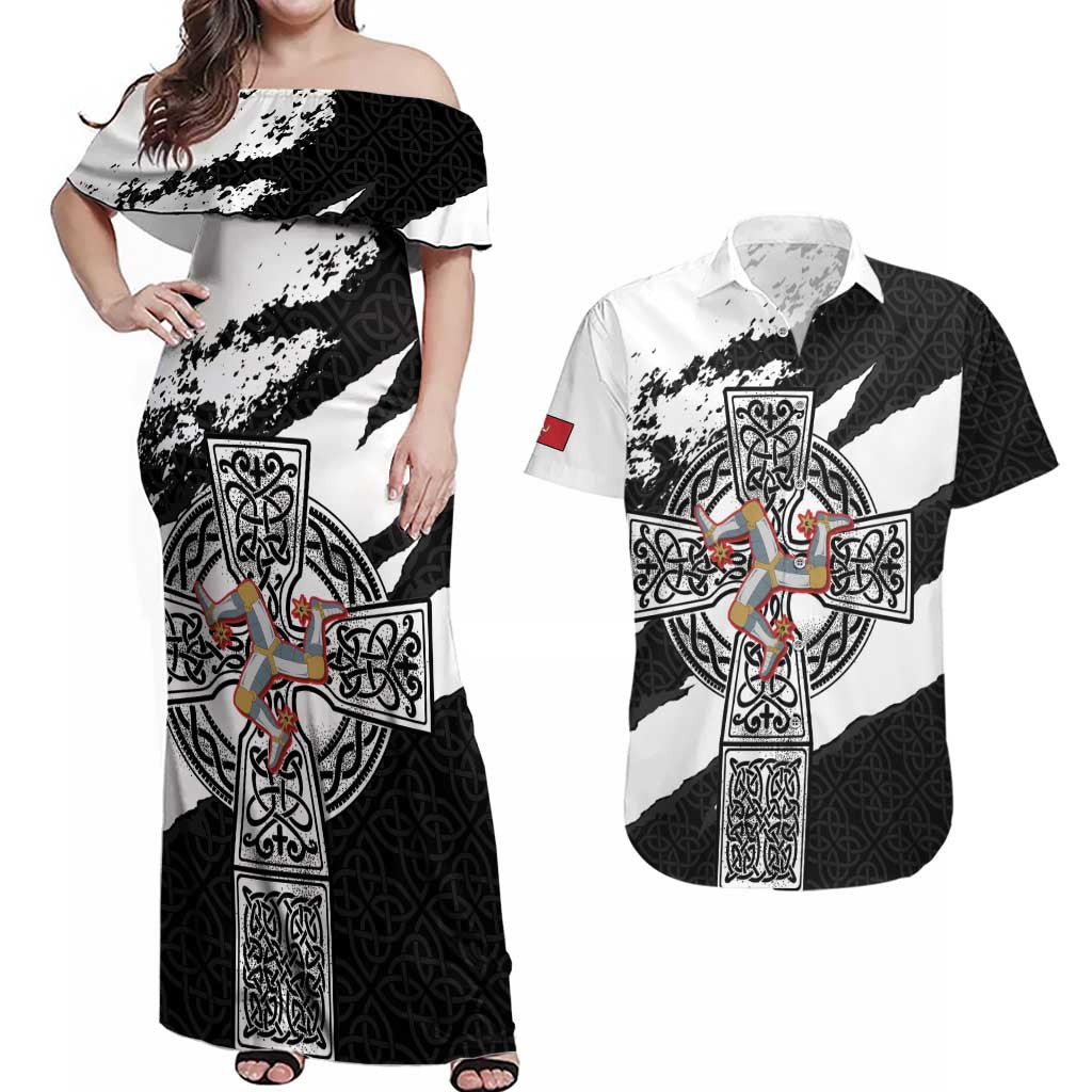 Isle of Man Celtic Cross Couples Matching Off Shoulder Maxi Dress and Hawaiian Shirt Triskelion Emblem - Wonder Print Shop