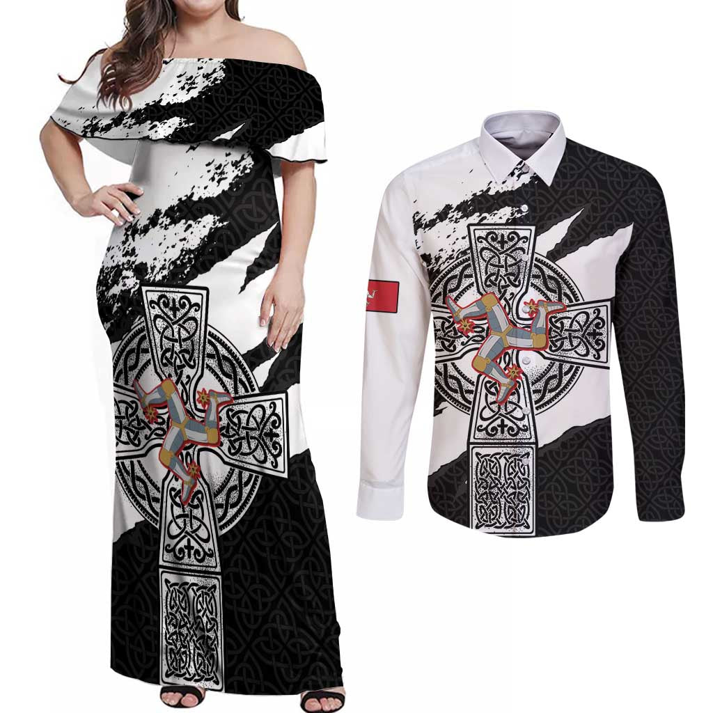 Isle of Man Celtic Cross Couples Matching Off Shoulder Maxi Dress and Long Sleeve Button Shirt Triskelion Emblem - Wonder Print Shop