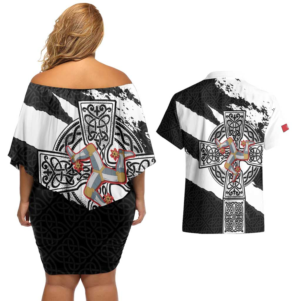 Isle of Man Celtic Cross Couples Matching Off Shoulder Short Dress and Hawaiian Shirt Triskelion Emblem - Wonder Print Shop