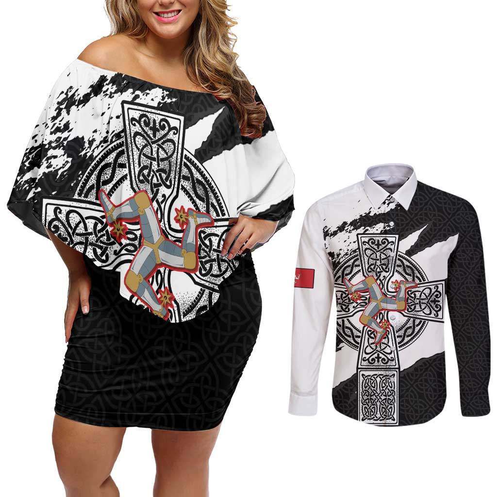 Isle of Man Celtic Cross Couples Matching Off Shoulder Short Dress and Long Sleeve Button Shirt Triskelion Emblem - Wonder Print Shop