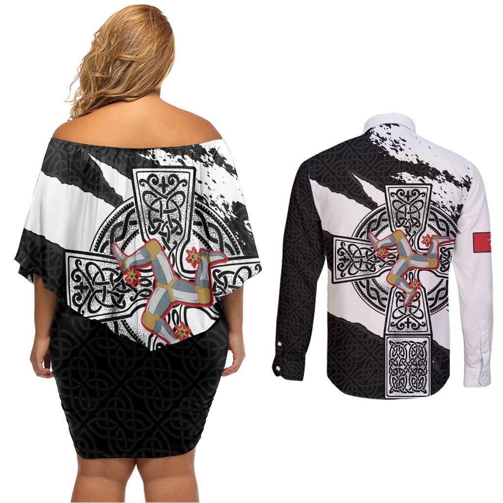 Isle of Man Celtic Cross Couples Matching Off Shoulder Short Dress and Long Sleeve Button Shirt Triskelion Emblem - Wonder Print Shop