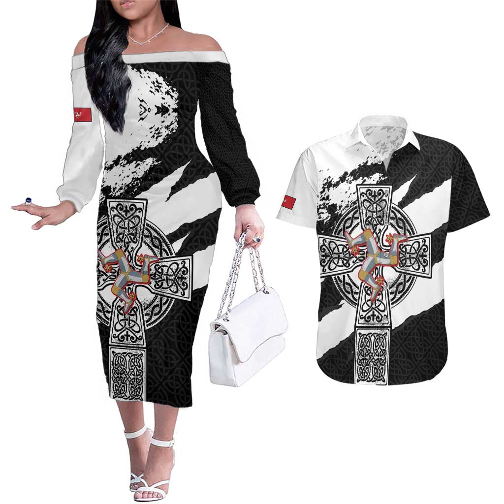 Isle of Man Celtic Cross Couples Matching Off The Shoulder Long Sleeve Dress and Hawaiian Shirt Triskelion Emblem - Wonder Print Shop
