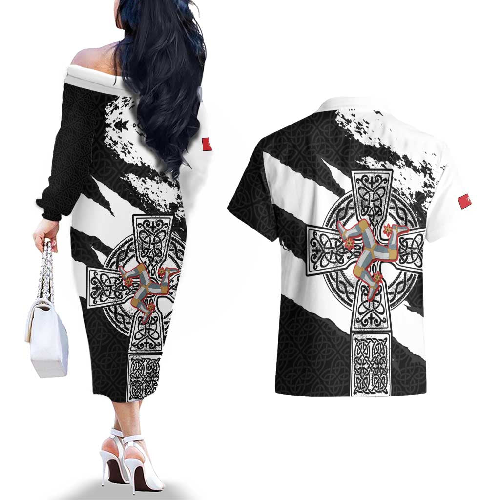 Isle of Man Celtic Cross Couples Matching Off The Shoulder Long Sleeve Dress and Hawaiian Shirt Triskelion Emblem - Wonder Print Shop