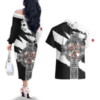 Isle of Man Celtic Cross Couples Matching Off The Shoulder Long Sleeve Dress and Hawaiian Shirt Triskelion Emblem - Wonder Print Shop