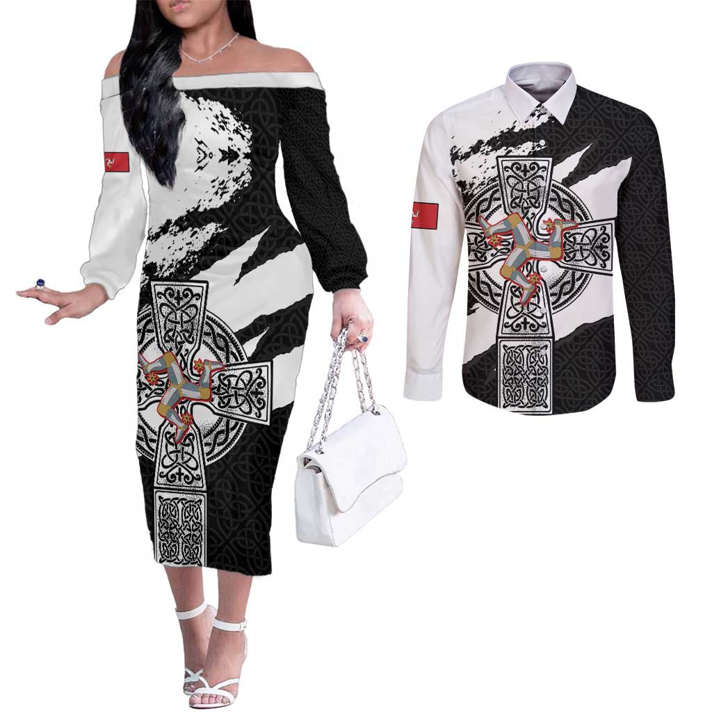 Isle of Man Celtic Cross Couples Matching Off The Shoulder Long Sleeve Dress and Long Sleeve Button Shirt Triskelion Emblem - Wonder Print Shop