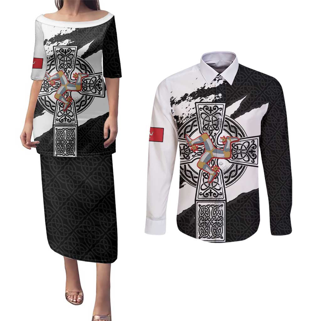 Isle of Man Celtic Cross Couples Matching Puletasi and Long Sleeve Button Shirt Triskelion Emblem - Wonder Print Shop