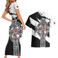 Isle of Man Celtic Cross Couples Matching Short Sleeve Bodycon Dress and Hawaiian Shirt Triskelion Emblem - Wonder Print Shop