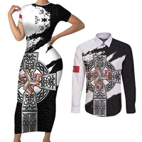 Isle of Man Celtic Cross Couples Matching Short Sleeve Bodycon Dress and Long Sleeve Button Shirt Triskelion Emblem - Wonder Print Shop