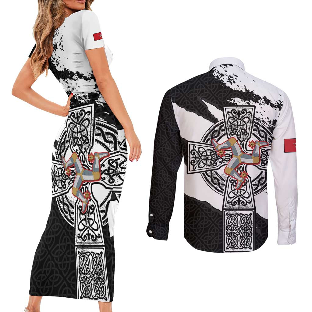 Isle of Man Celtic Cross Couples Matching Short Sleeve Bodycon Dress and Long Sleeve Button Shirt Triskelion Emblem - Wonder Print Shop