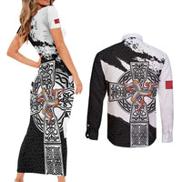 Isle of Man Celtic Cross Couples Matching Short Sleeve Bodycon Dress and Long Sleeve Button Shirt Triskelion Emblem - Wonder Print Shop