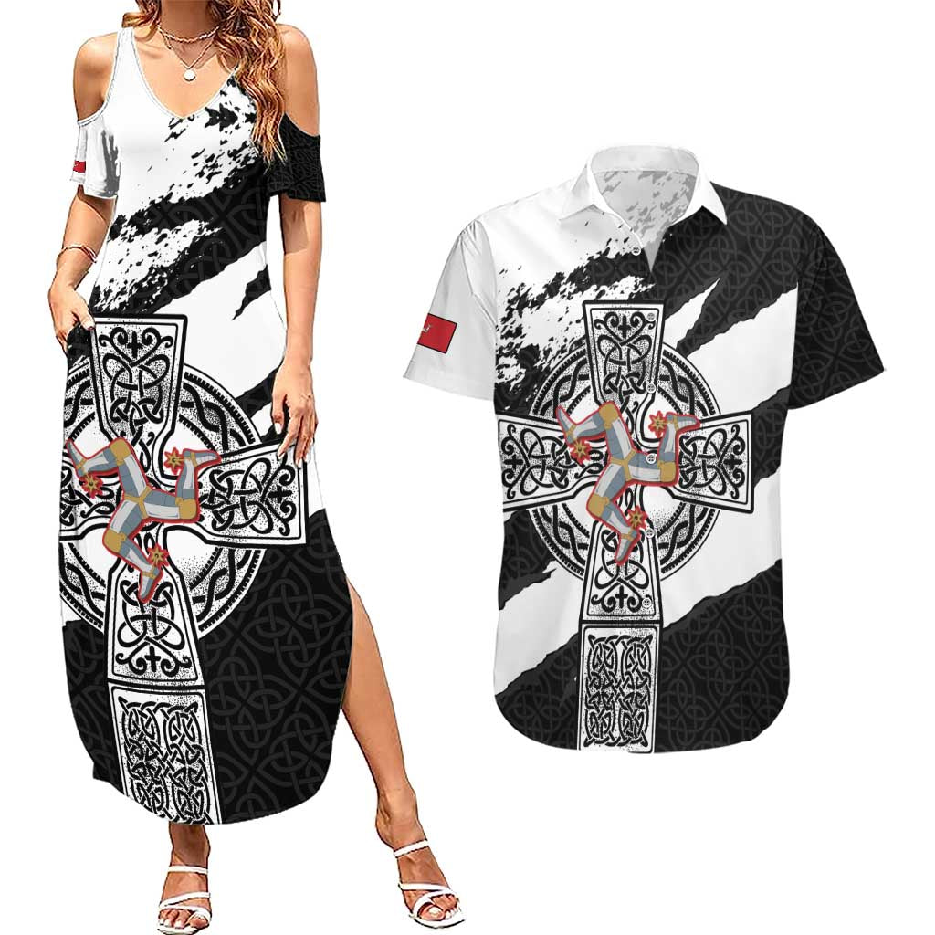 Isle of Man Celtic Cross Couples Matching Summer Maxi Dress and Hawaiian Shirt Triskelion Emblem - Wonder Print Shop