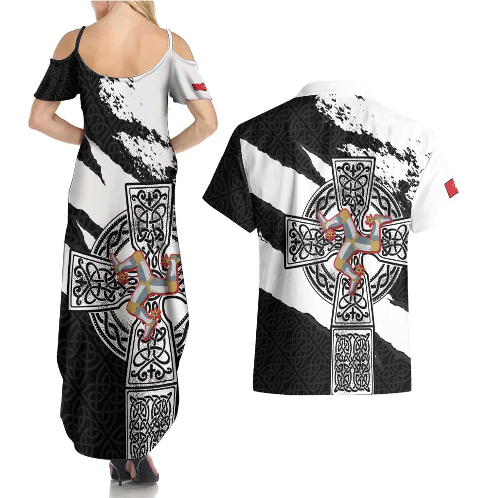 Isle of Man Celtic Cross Couples Matching Summer Maxi Dress and Hawaiian Shirt Triskelion Emblem - Wonder Print Shop