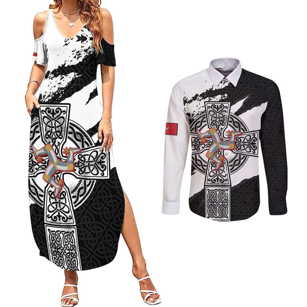 Isle of Man Celtic Cross Couples Matching Summer Maxi Dress and Long Sleeve Button Shirt Triskelion Emblem - Wonder Print Shop