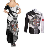 Isle of Man Celtic Cross Couples Matching Summer Maxi Dress and Long Sleeve Button Shirt Triskelion Emblem - Wonder Print Shop