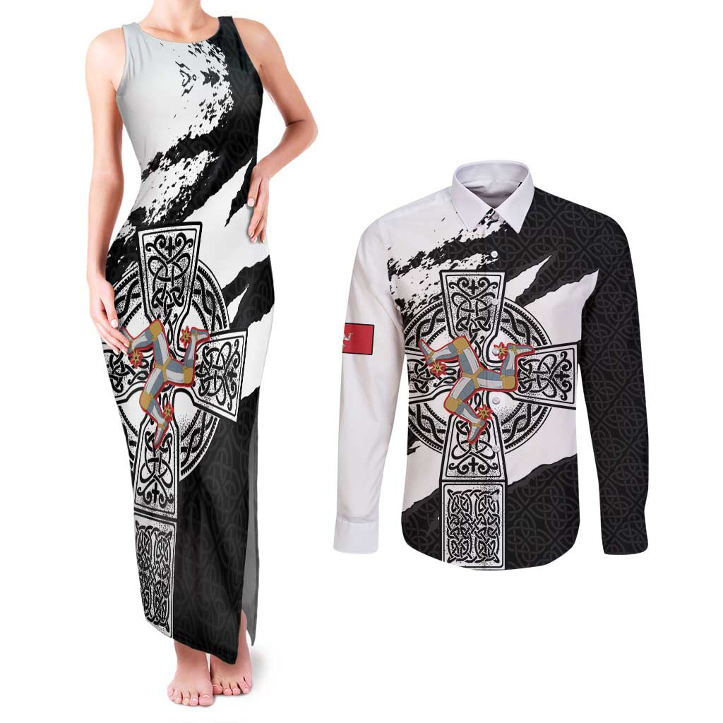 Isle of Man Celtic Cross Couples Matching Tank Maxi Dress and Long Sleeve Button Shirt Triskelion Emblem - Wonder Print Shop