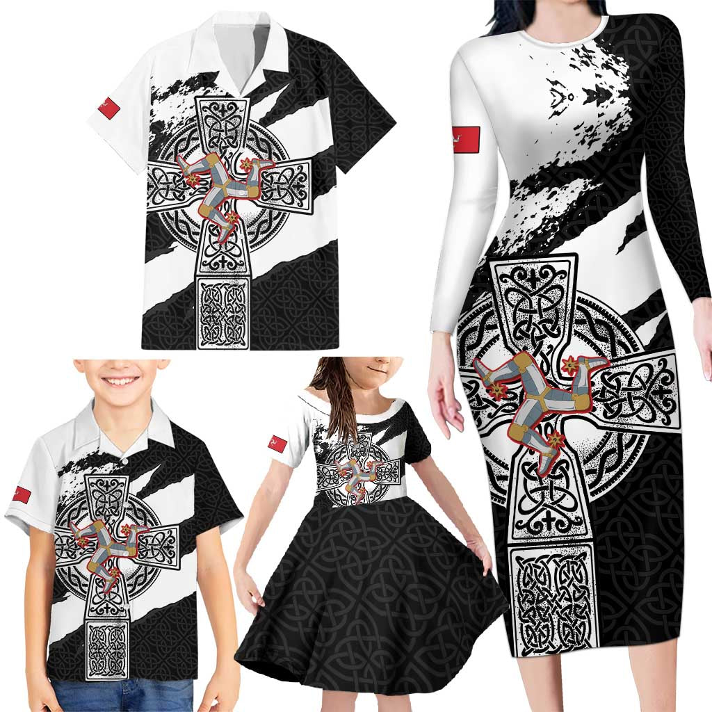 Isle of Man Celtic Cross Family Matching Long Sleeve Bodycon Dress and Hawaiian Shirt Triskelion Emblem - Wonder Print Shop