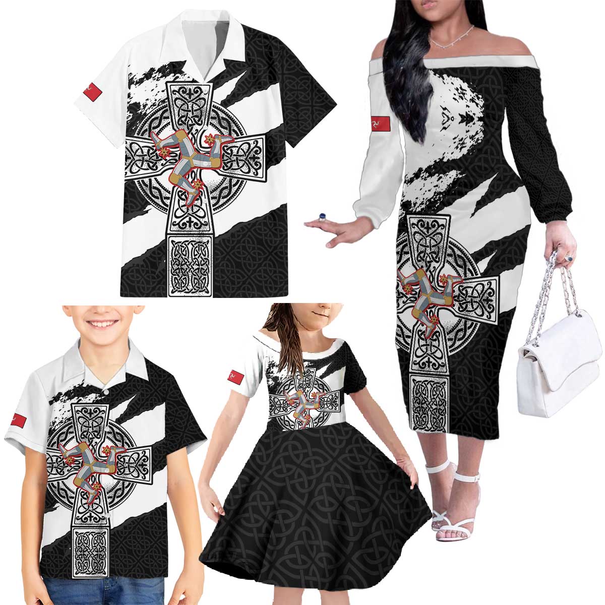Isle of Man Celtic Cross Family Matching Off The Shoulder Long Sleeve Dress and Hawaiian Shirt Triskelion Emblem - Wonder Print Shop