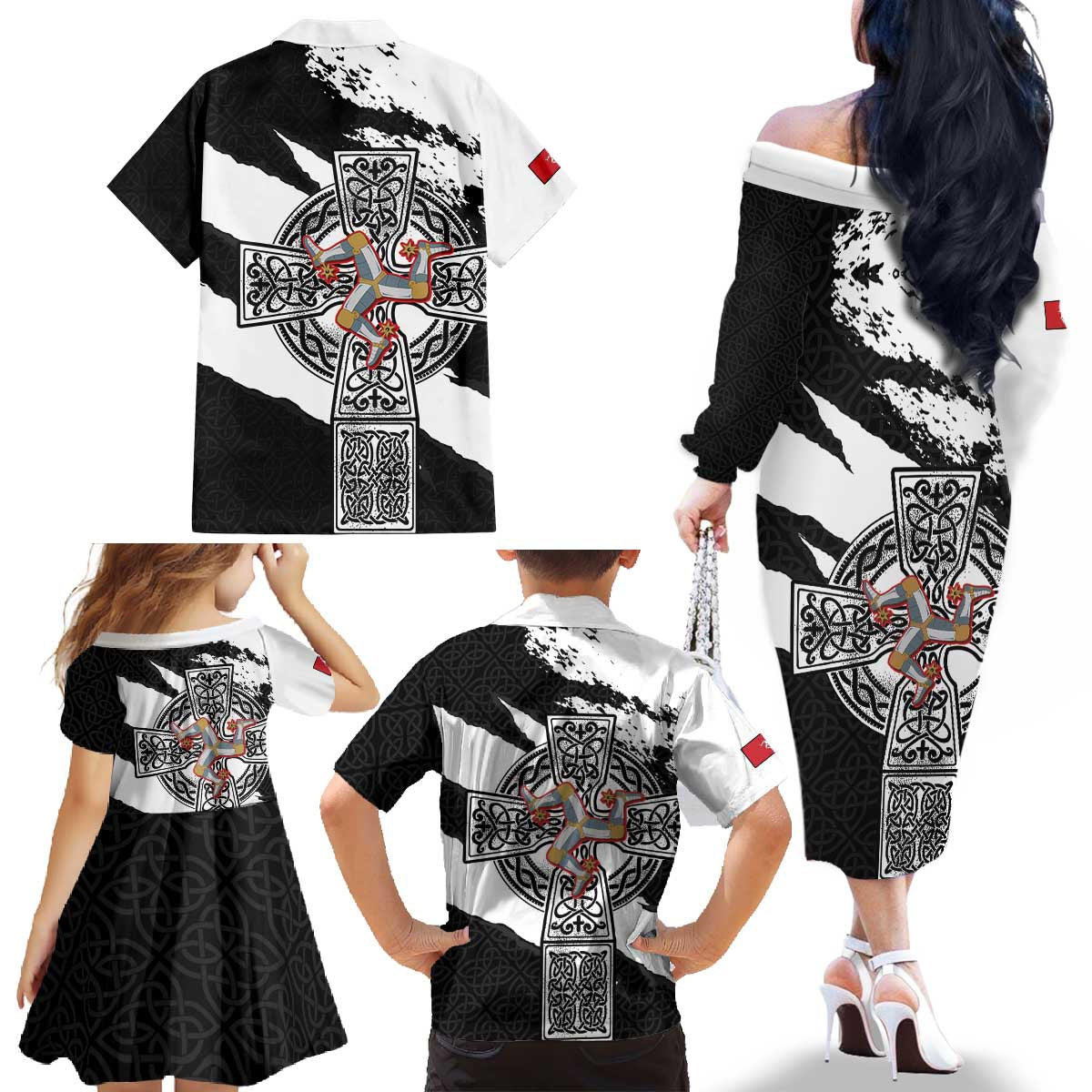 Isle of Man Celtic Cross Family Matching Off The Shoulder Long Sleeve Dress and Hawaiian Shirt Triskelion Emblem - Wonder Print Shop