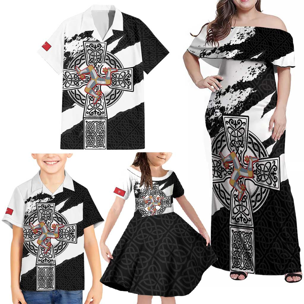 Isle of Man Celtic Cross Family Matching Off Shoulder Maxi Dress and Hawaiian Shirt Triskelion Emblem - Wonder Print Shop