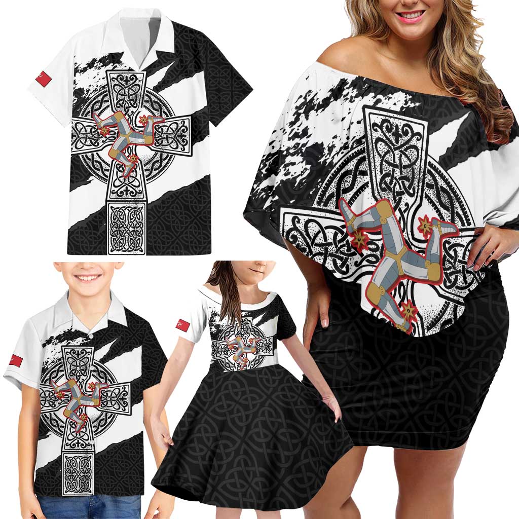 Isle of Man Celtic Cross Family Matching Off Shoulder Short Dress and Hawaiian Shirt Triskelion Emblem - Wonder Print Shop