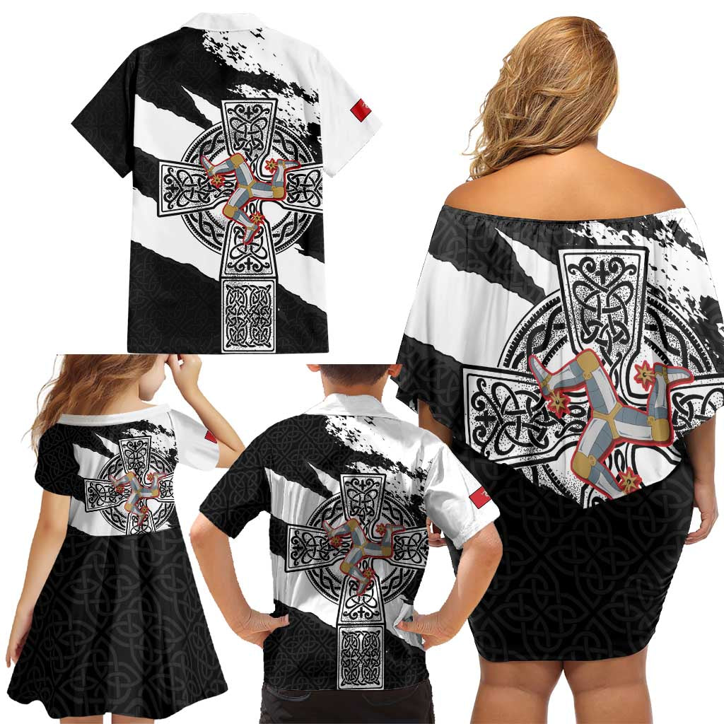 Isle of Man Celtic Cross Family Matching Off Shoulder Short Dress and Hawaiian Shirt Triskelion Emblem - Wonder Print Shop