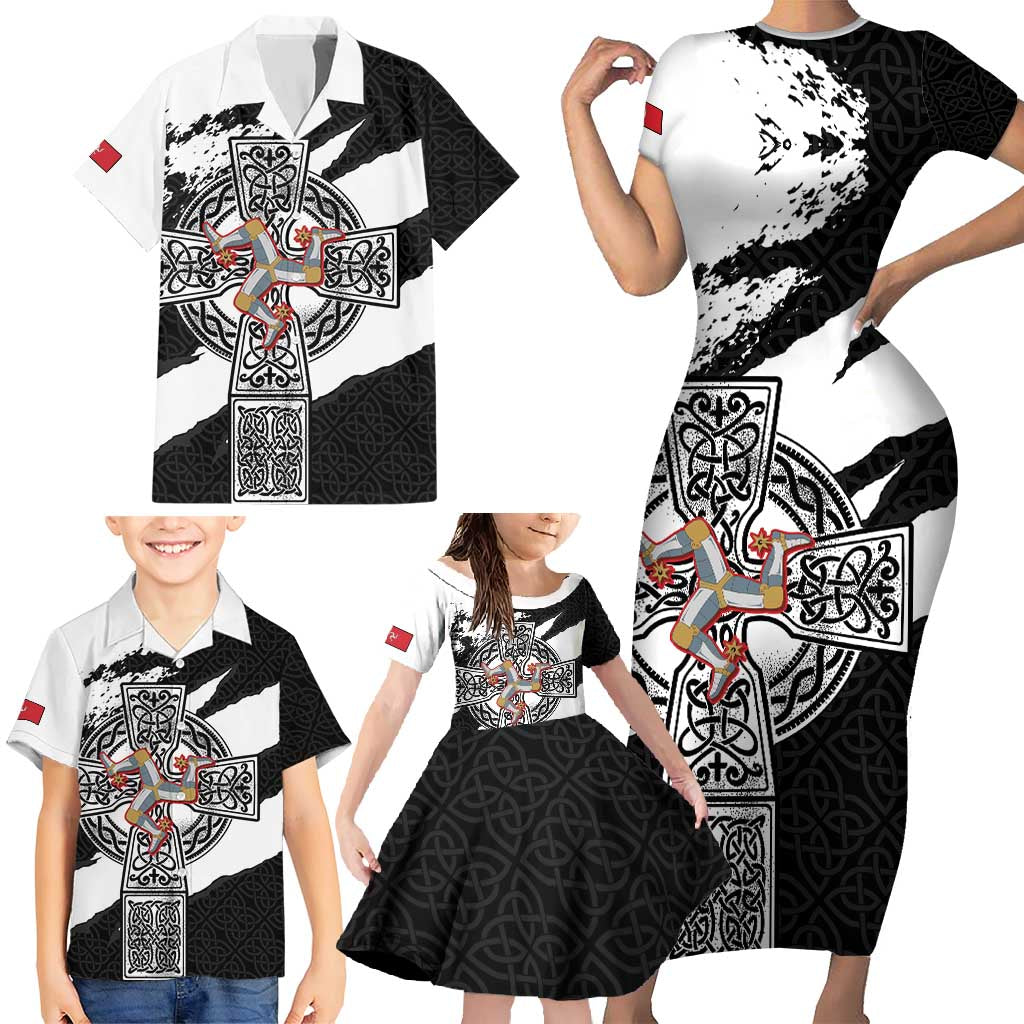 Isle of Man Celtic Cross Family Matching Short Sleeve Bodycon Dress and Hawaiian Shirt Triskelion Emblem - Wonder Print Shop